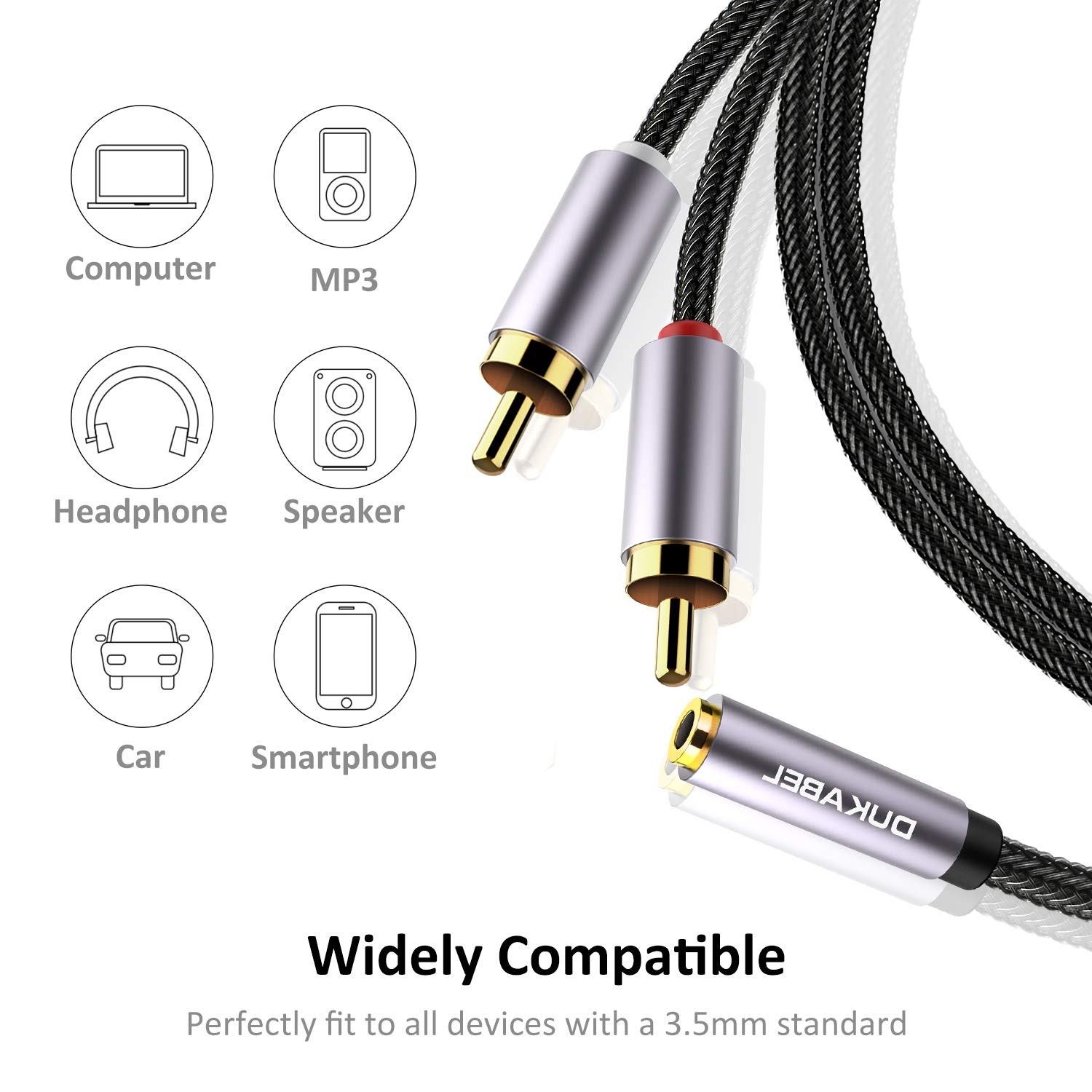 DUKABEL 3.5mm Female to 2 RCA Stereo Adapter, 12inch/30cm, Grey