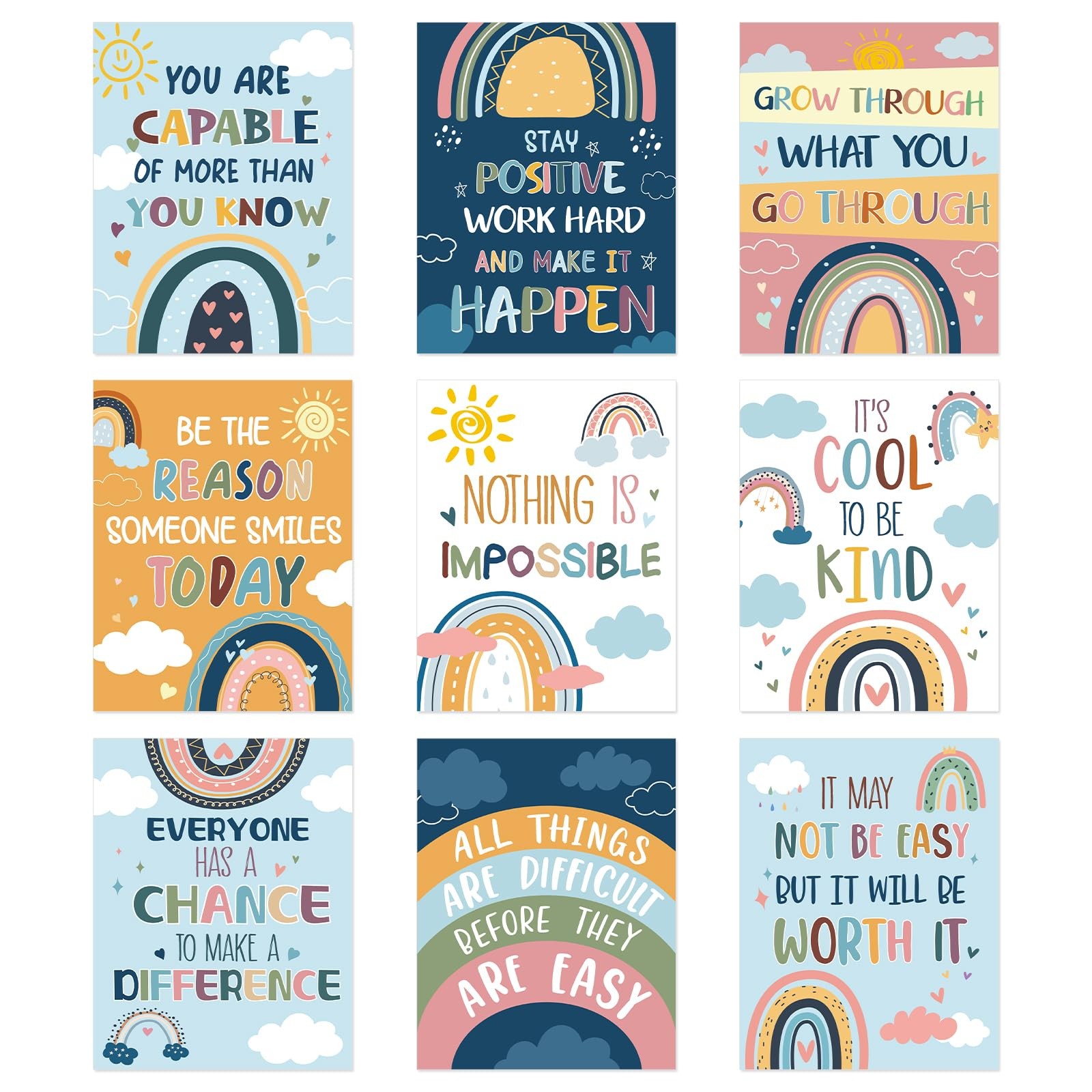 9 Pcs Rainbow Motivational Posters for Classroom 14"x11", Inspirational Wall ...