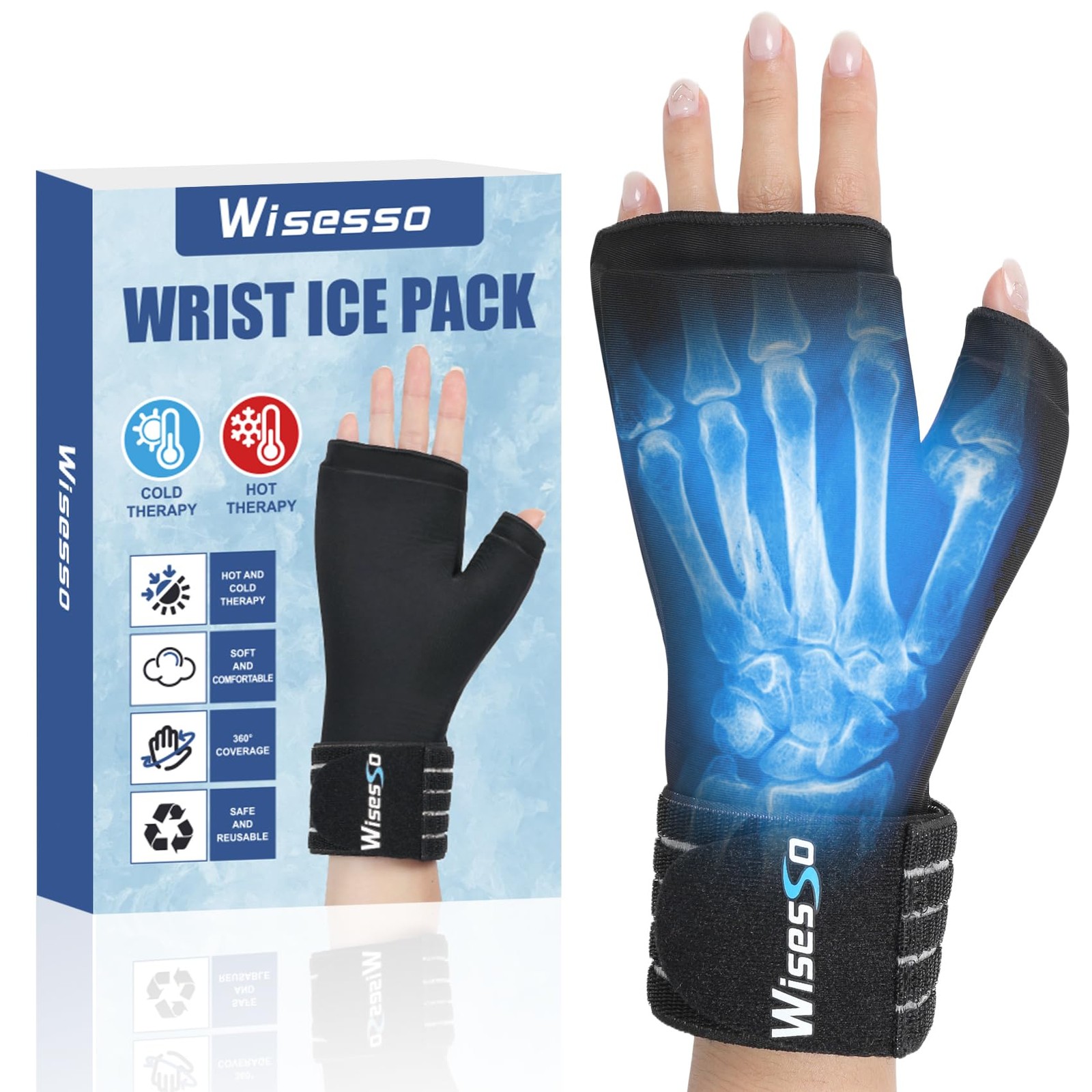 Wisesso Wrist Ice Pack Wrap, Reusable Gloves 1 Count (Pack of 1), Black