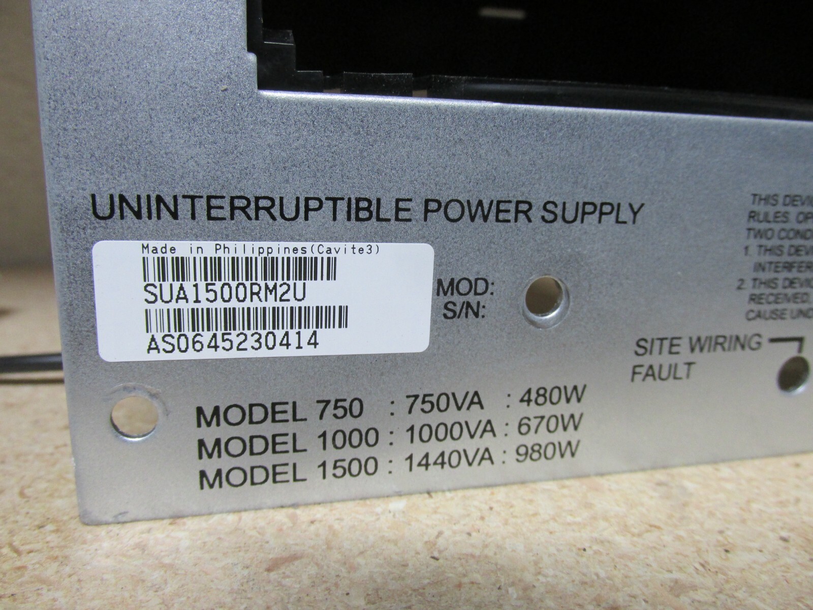 APC SUA1500RM2U REPLACEMENT Back Panel w 6 Outlets & Card Slot
