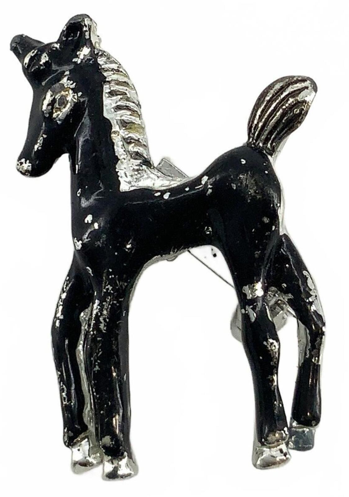 Vintage Enamel Silvertone Mid Century Horse Brooch Black Small Pony Lapel Pin