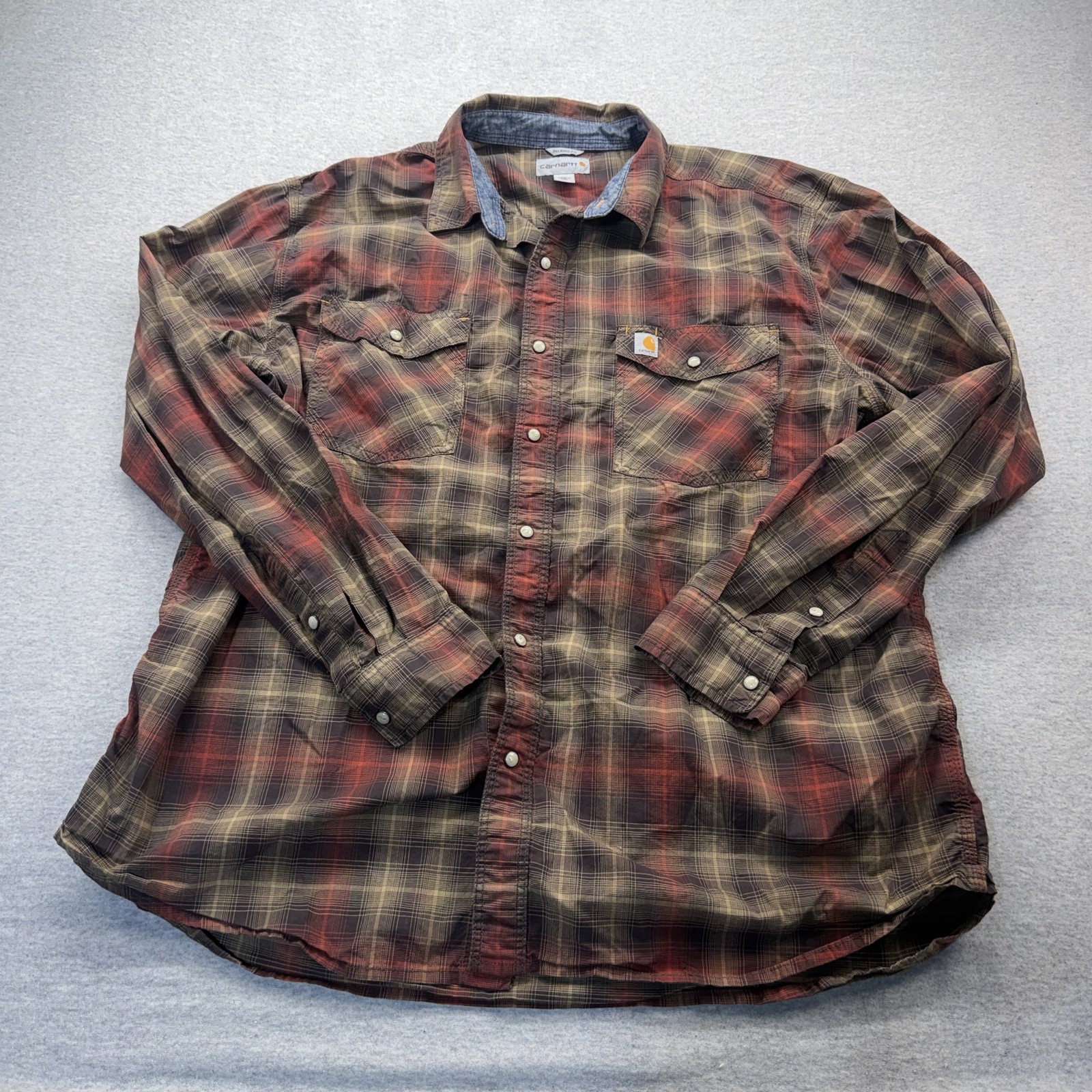 Carhartt Mens XL Relaxed Fit Plaid Flannel Shirt pearl snap