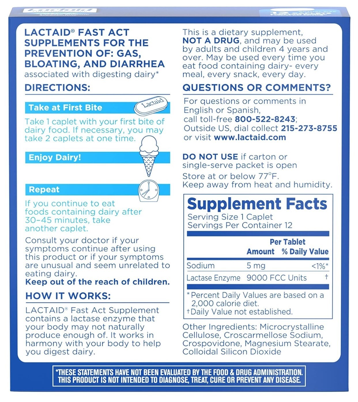 2 PACKS Lactaid Fast Act Lactose Intolerance Relief Caplets - 12 Count x2=24