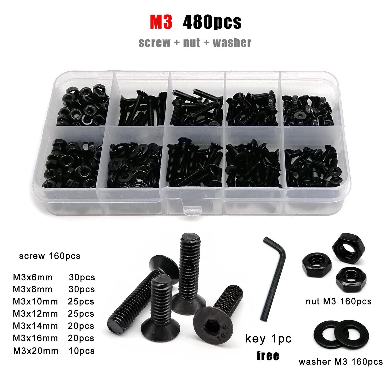 M3 Hexagon Hex Socket Flat Countersunk Head Screw Bolt Set grade 10.9 Steel
