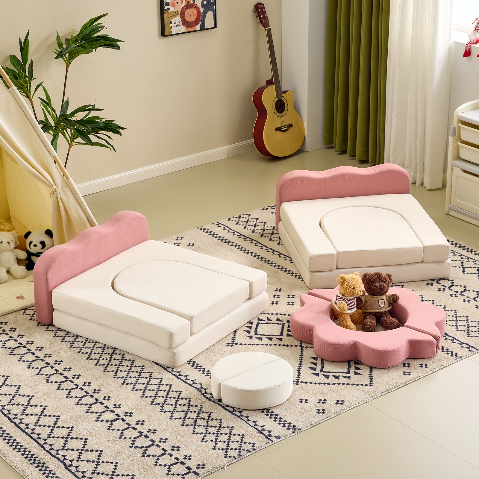 Modular Kids Sofa, All-Sponge Pink & White Corduroy, Free Combination Design