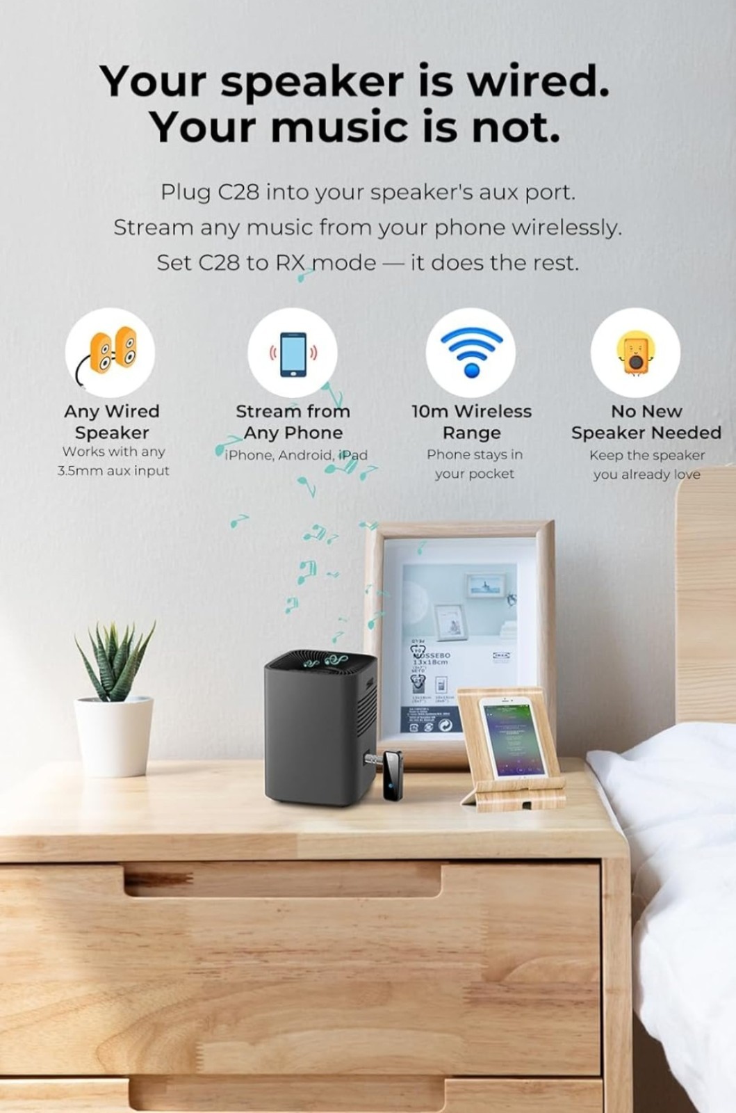 C28 Bluetooth 5.0 Transmitter & Receiver Adapter, 3.5mm Jack, USB-C, Universal