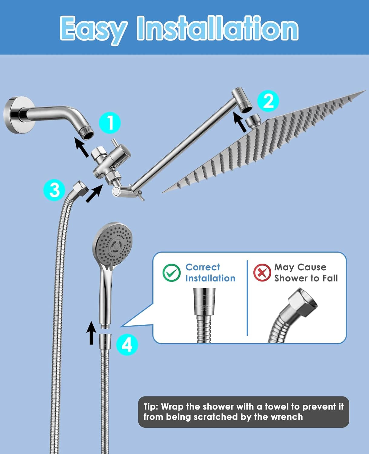 10" Rainfall Shower Head & Handheld Combo, 5 Modes, 9.8" Extension Arm, Chrome