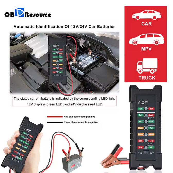 OBDResourrce Auto Battery Tester 12V 24V BM410 Car Protection Voltage Detector