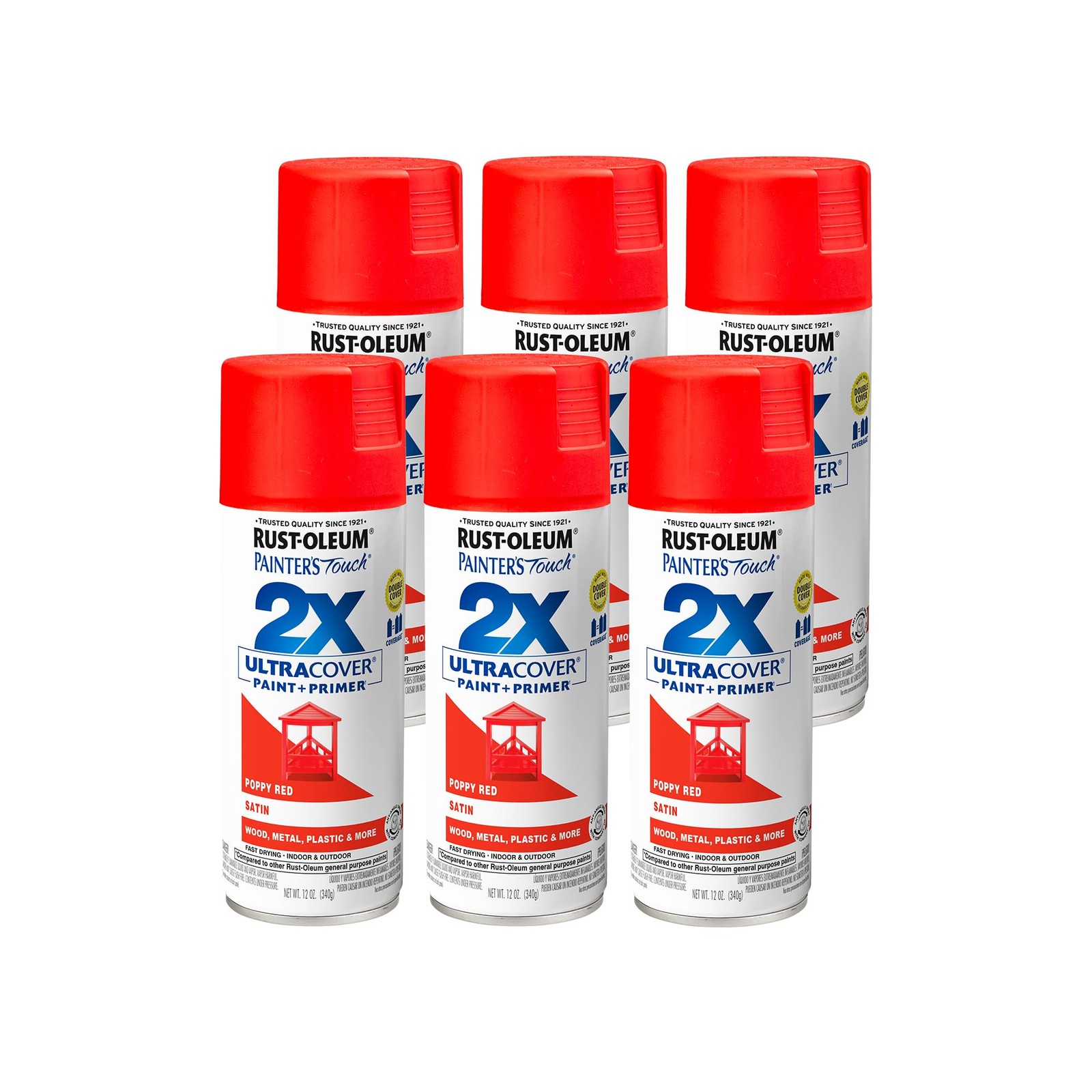 Painter's Touch 2X Satin Poppy Red Spray Paint 12 Ounce Pack of 6