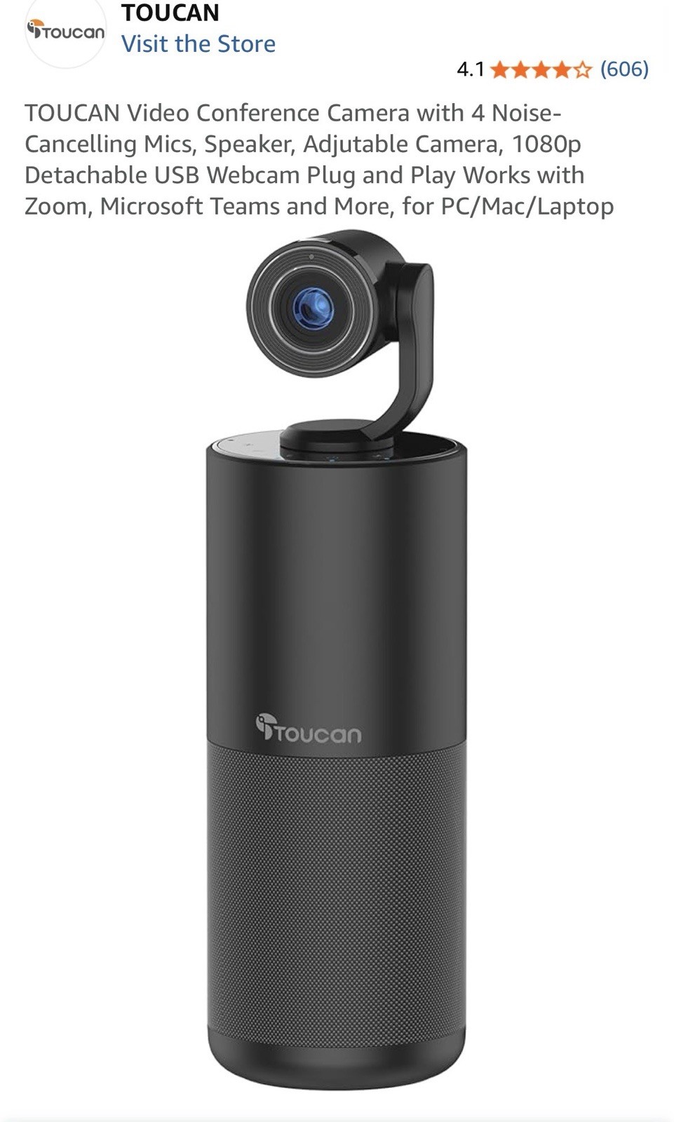 TOUCAN Video Conference Camera with 4 Noise-Cancelling Mics, Speaker, Adjutable