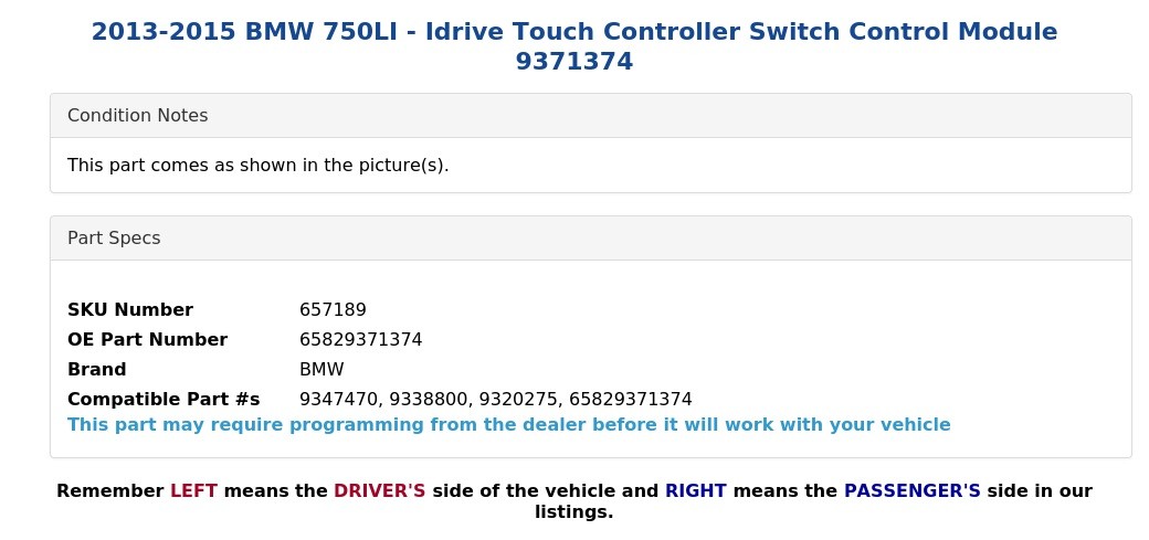 2013-2015 BMW 750LI - Idrive Touch Controller Switch Control Module 9371374