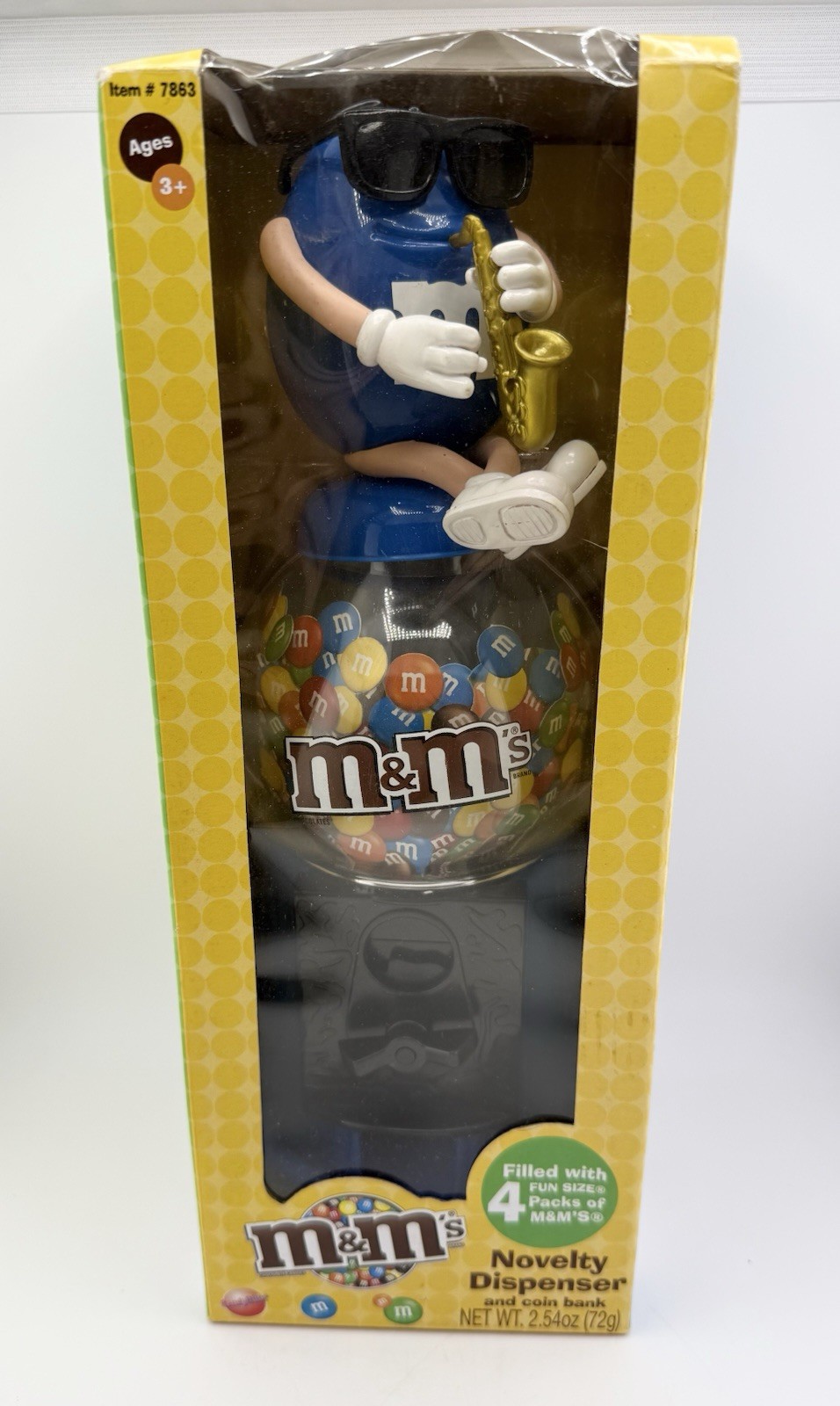 M&M's Blue w Saxophone Sunglasses Novelty Candy Dispenser & Coin Bank 2008