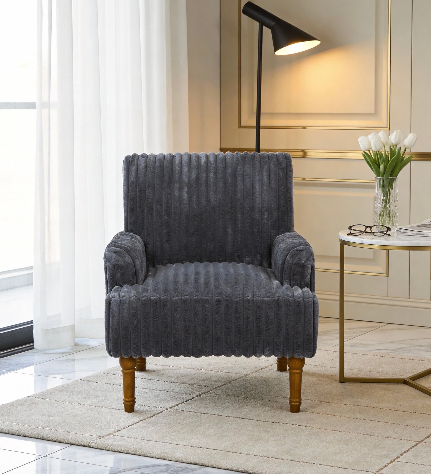 Dark Gray Wide Wale Corduroy Accent Chair Solid Wood Legs Living Room