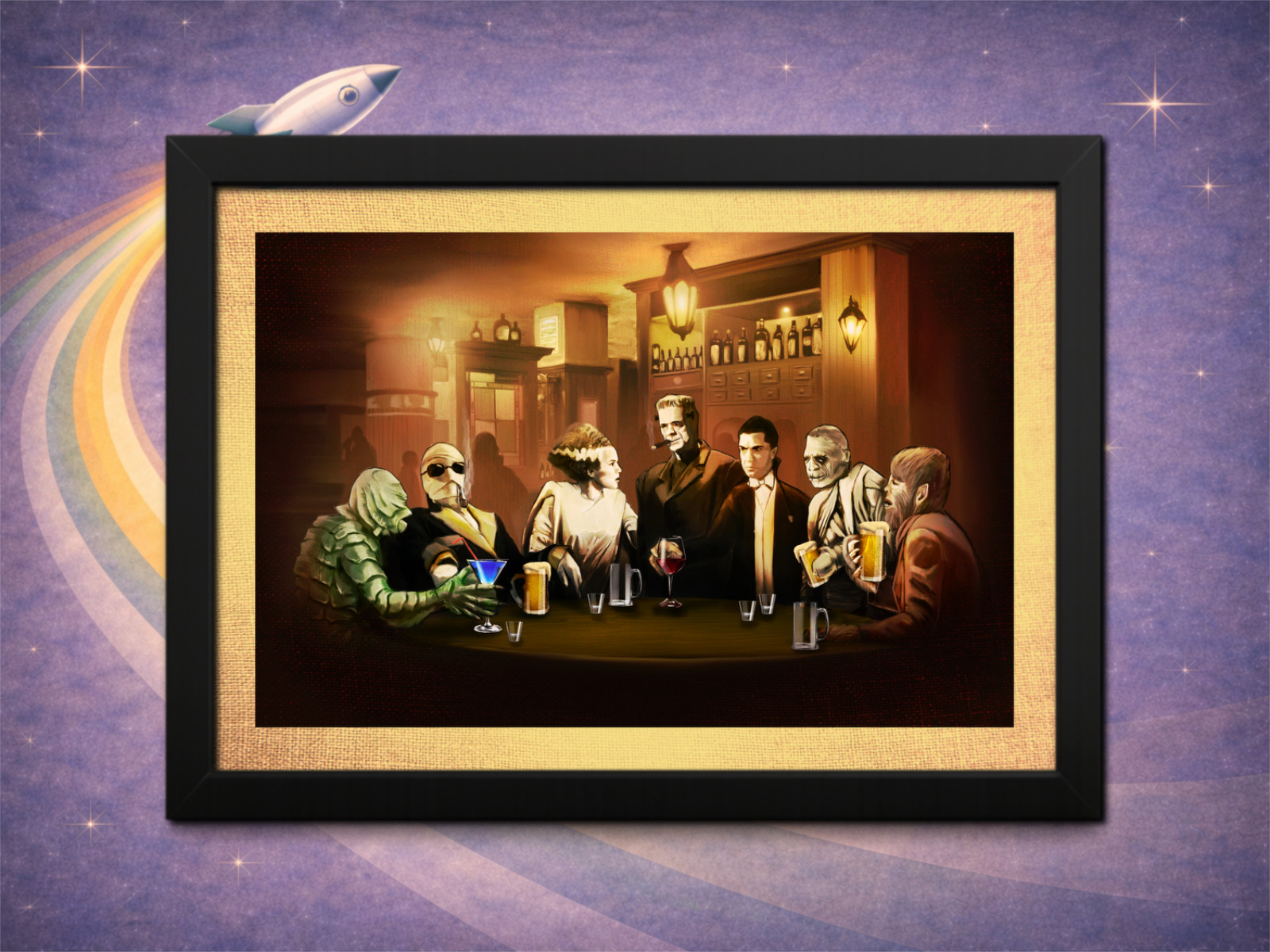 Framed Universal Monsters at the Pub – Classic Horror Wall Art Print 12x8