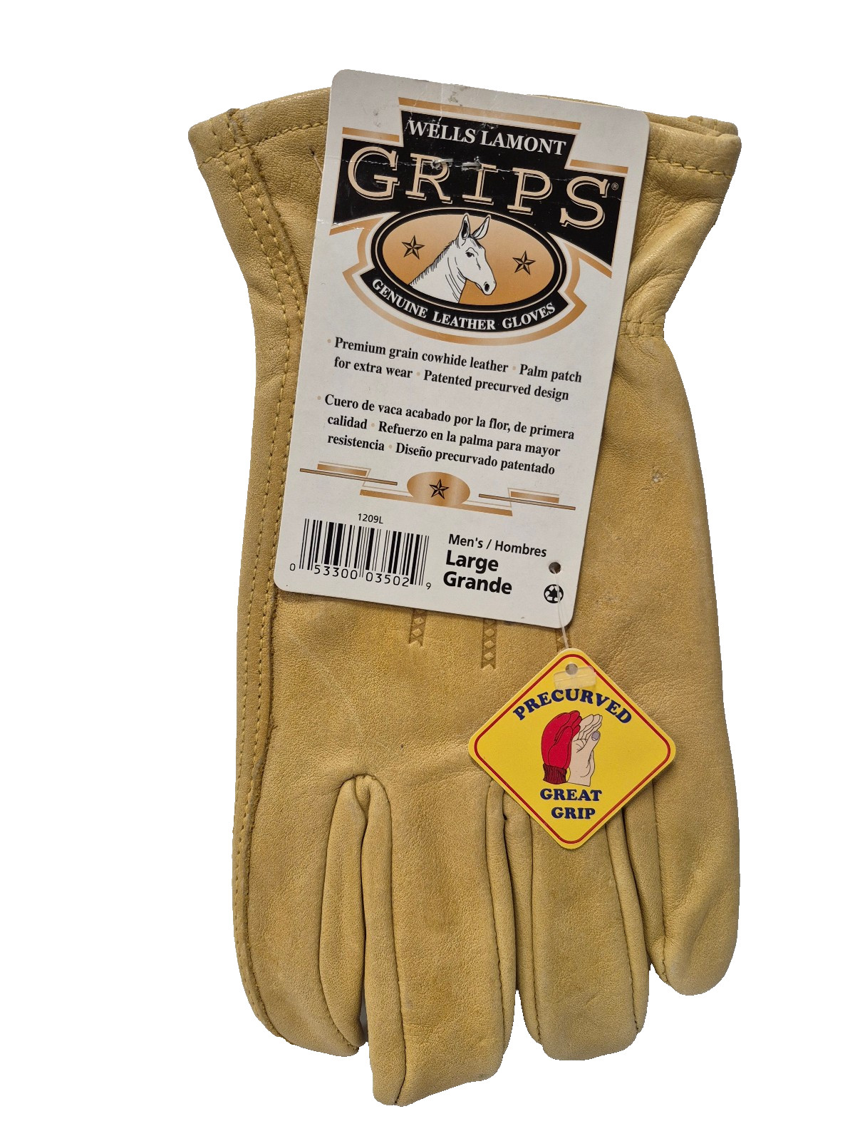 Wells Lamont GRIPS Cowhide Leather Gloves LARGE BRAND NEW Pre-Curved Palm Patch