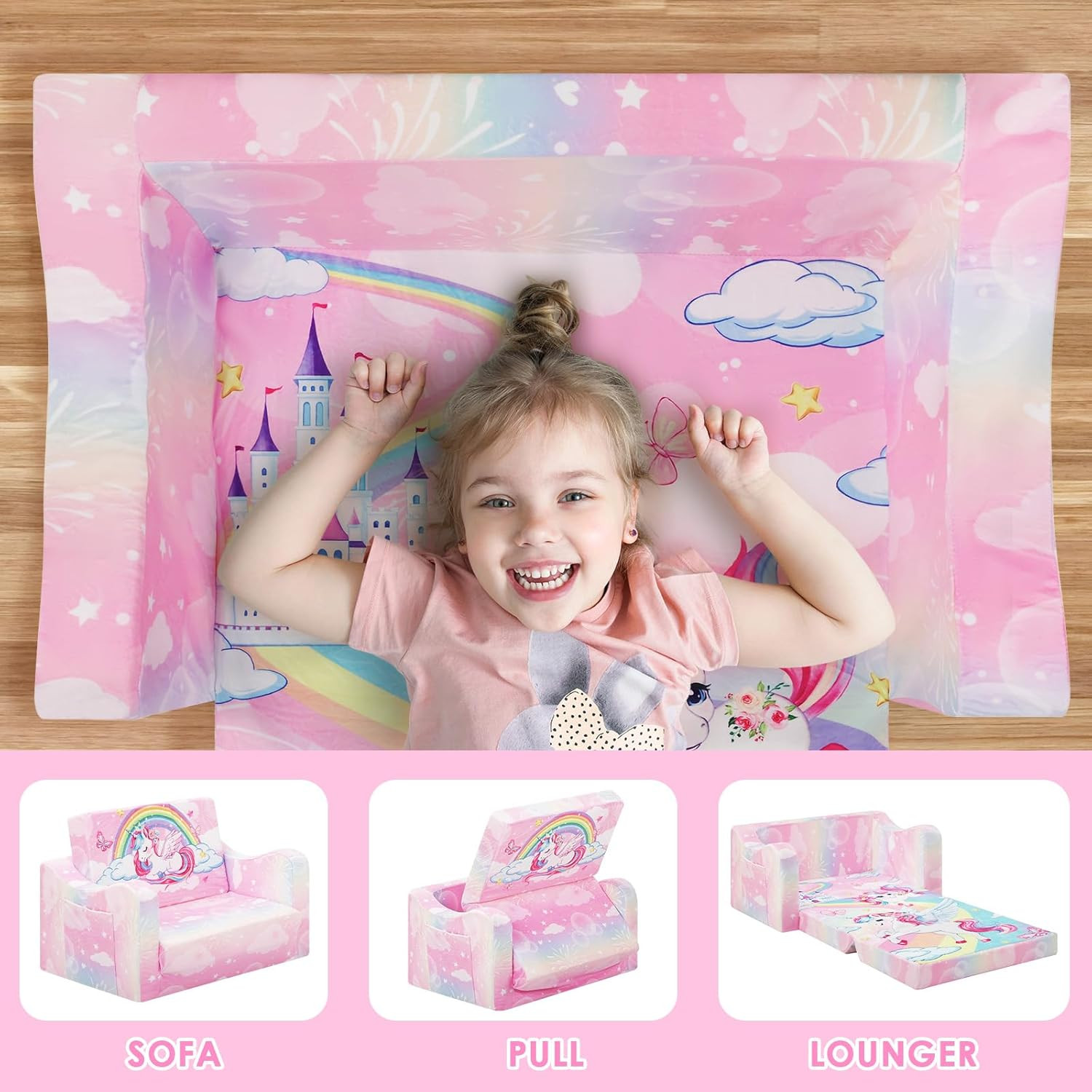 Comfy Kids Couch, 2-In-1 Folding Kids Sofa Bed for Toddler Girls, Convertible So