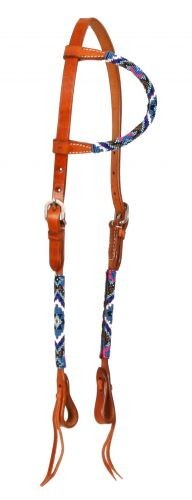 Western Leather Sliding One Ear Headstall Blue and White Beaded Design 74059 F/S