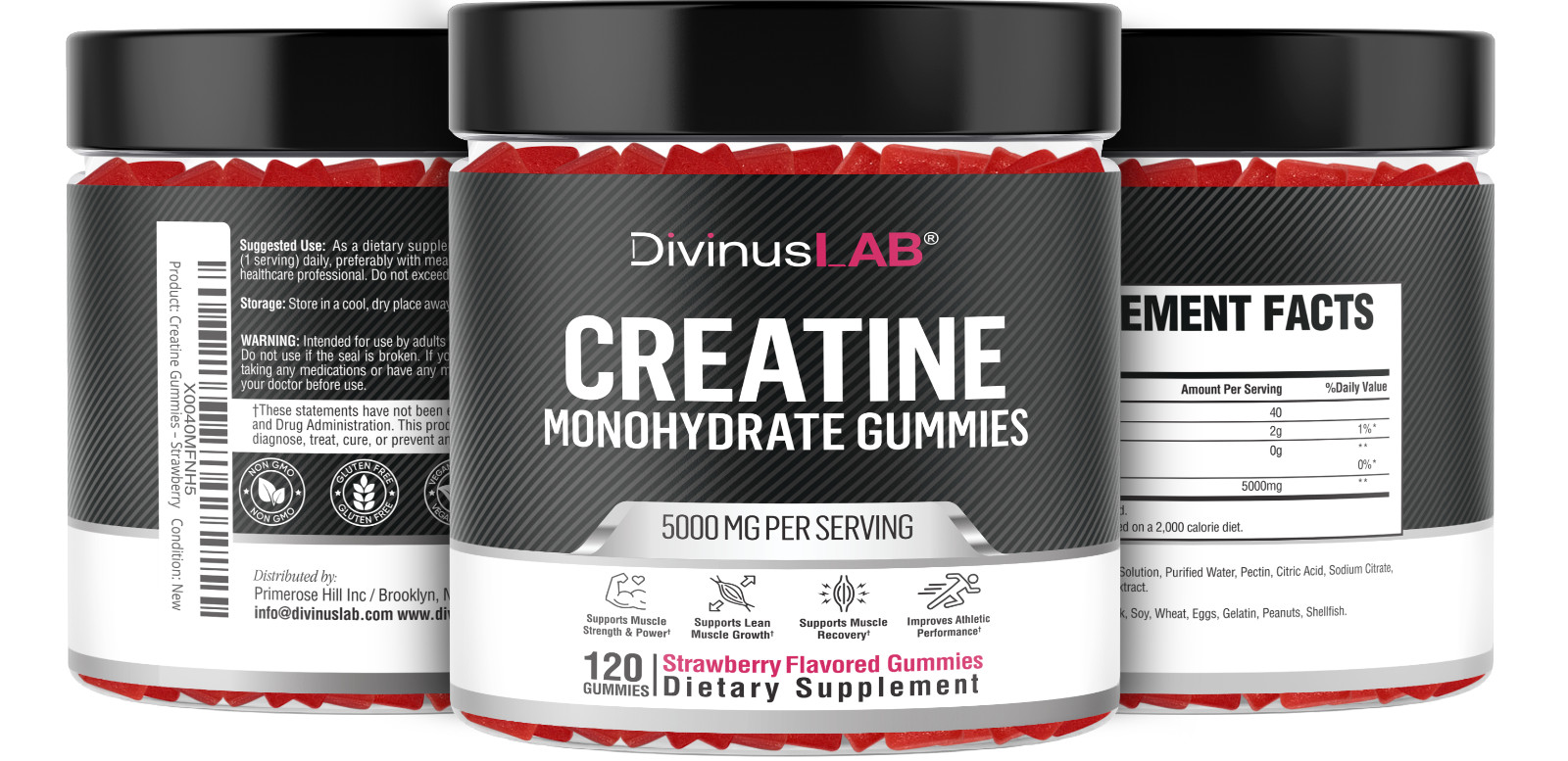 DivinusLab Creatine Monohydrate Gummies - 5G Per Serving, 120 Count
