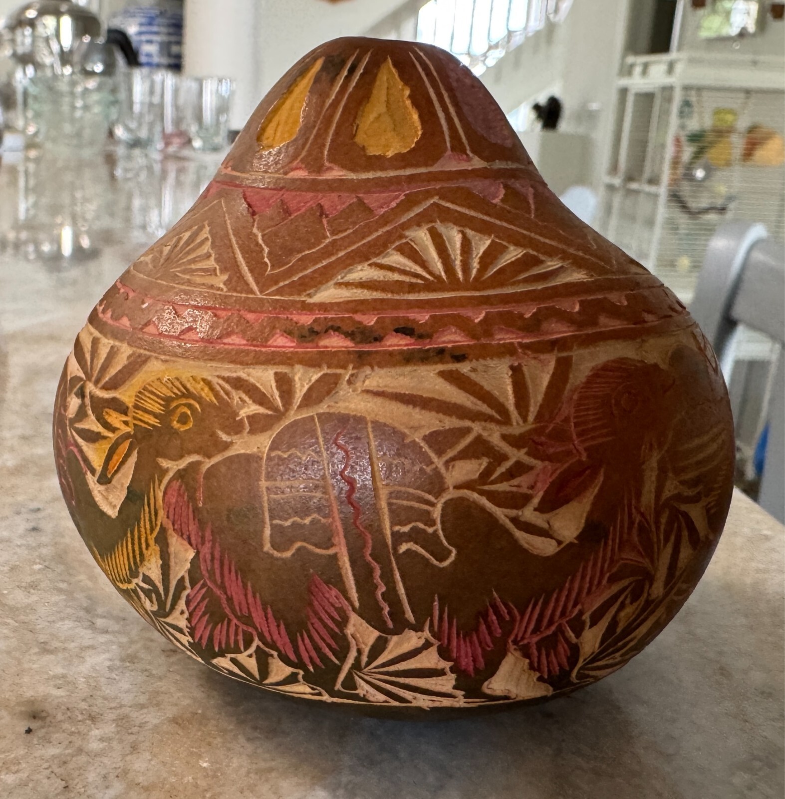 VTG Peru Cocha Chio Etched, Hand Carved Gourd Llamas multicolor 4"