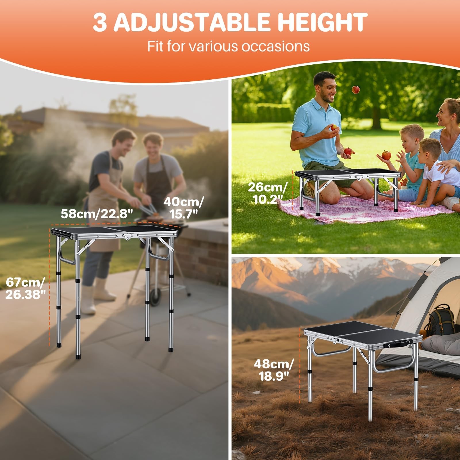 FUNYKICH 2ft Small Folding Camping Table(L22.8'' xW15.7''), 3 Height Adjustab...