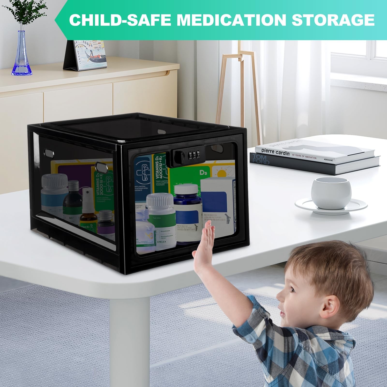 chefeggukk Medication Lock Box with Code, 12.6L Large Lockable Storage Box fo...