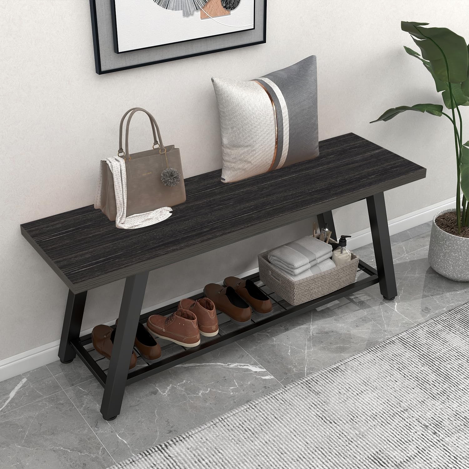 Oastreeful Industrial Entryway Bench Charcoal Black