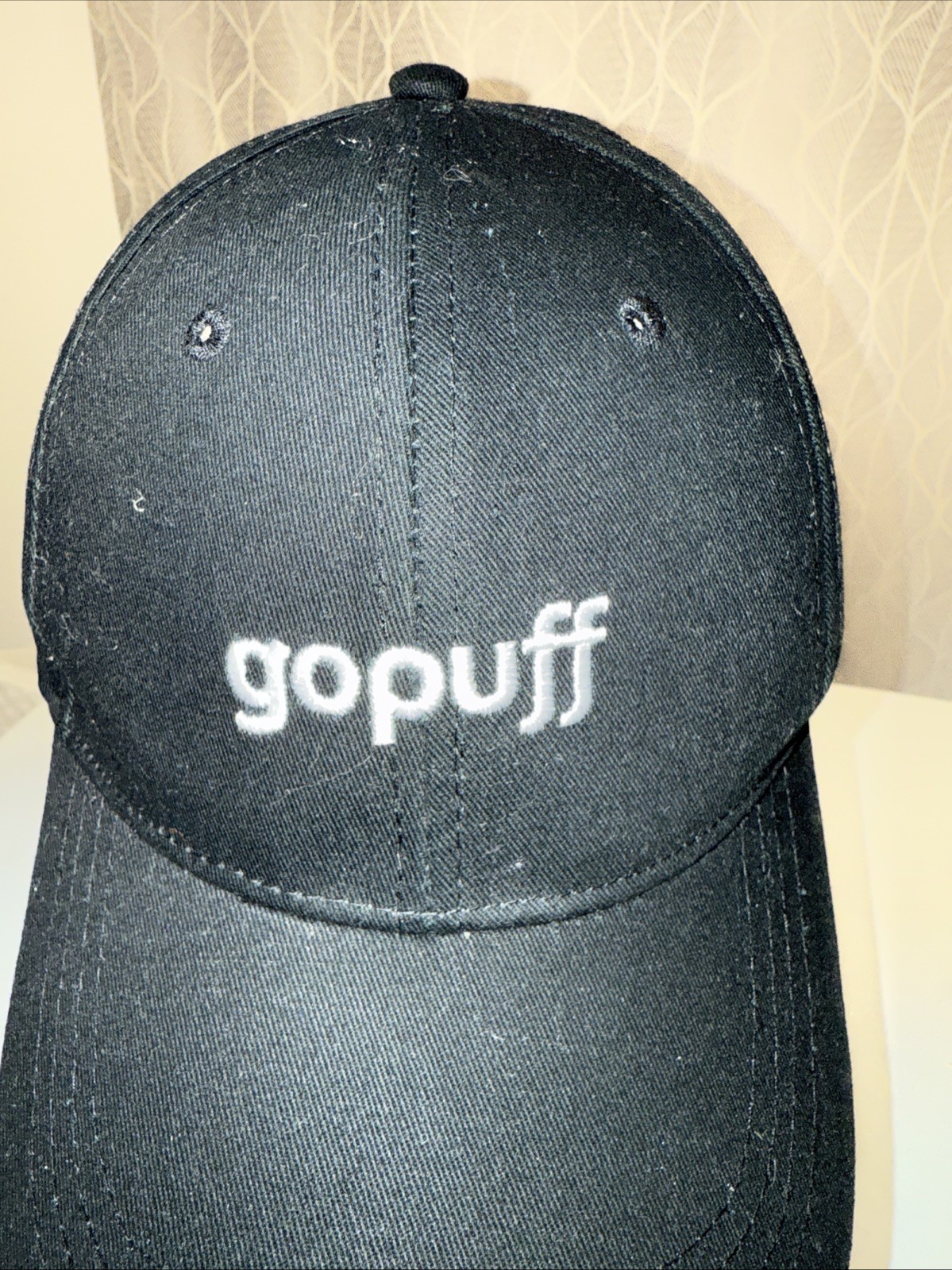 Gopuff in white on black hat cap Strap buckle
