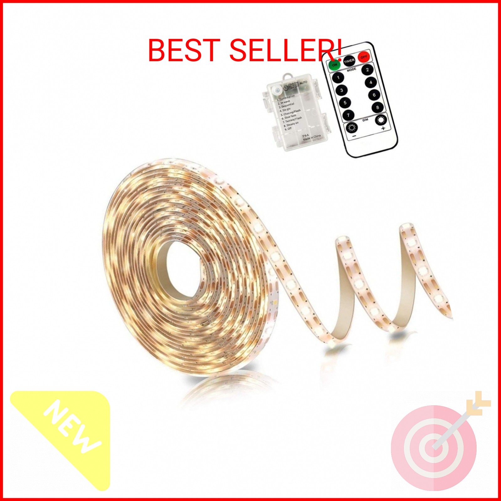 echosari Battery Powered Led Strip Lights with Remote Warm White, 8 Modes, Dimma