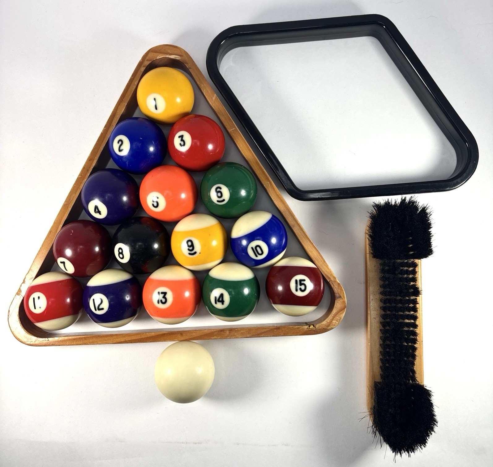 Vintage Pool Balls Solid Wood Pool Rack 8 & 9 Ball Triangle Diamond Brush