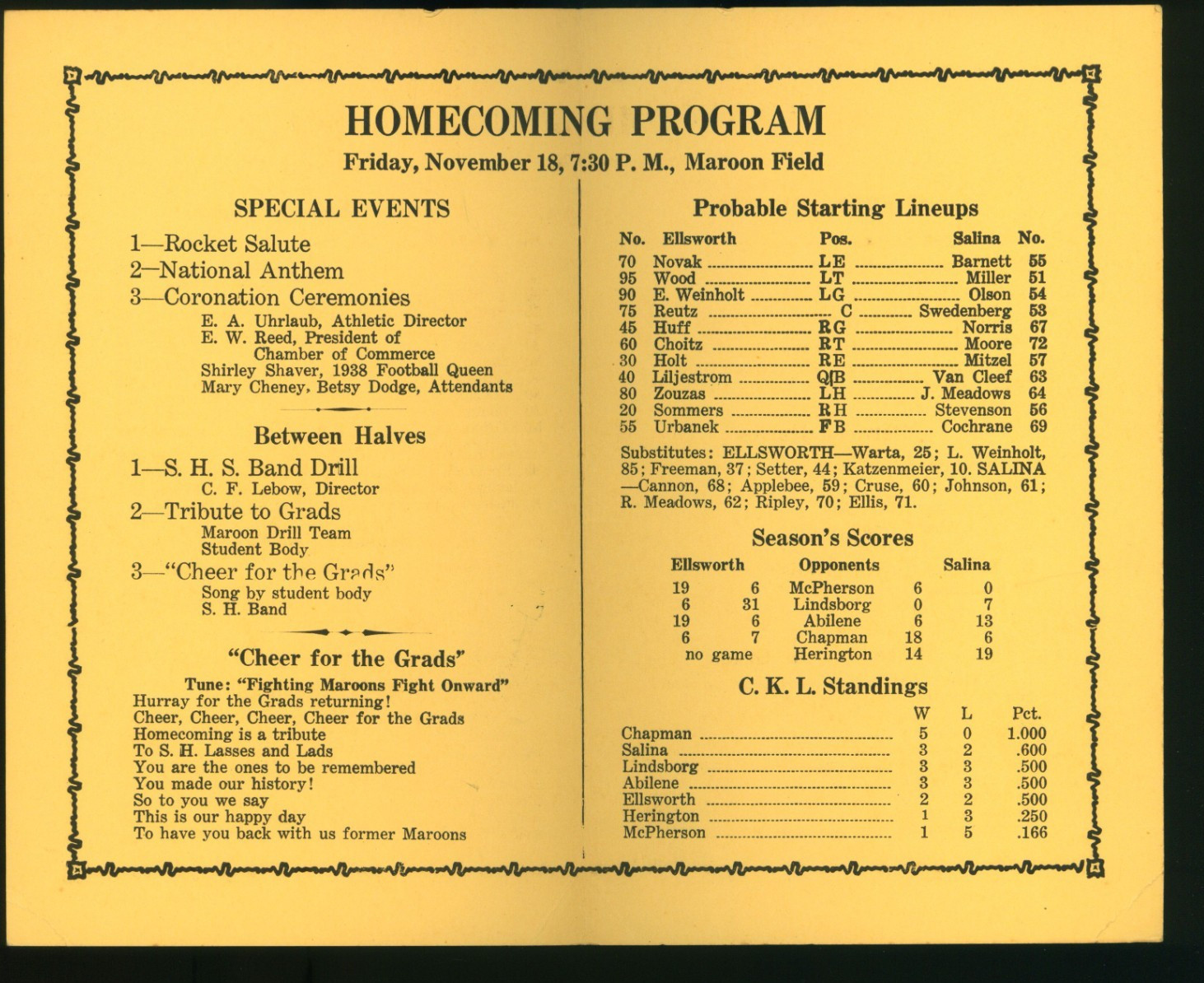 Vintage Homecoming Program Salina High Vs. Ellsworth Kansas Friday November 18