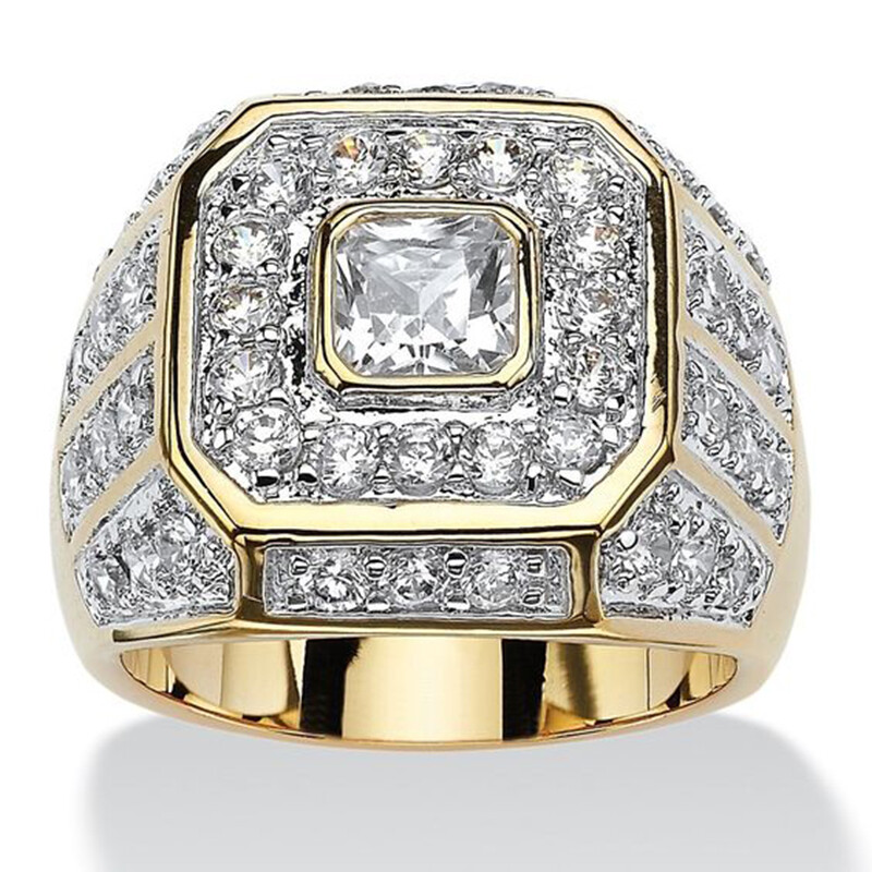 18K GOLD EP MENS PRINCESS CUT DIAMOND SIMULATED DRESS RING sze 7 - 14 you choose