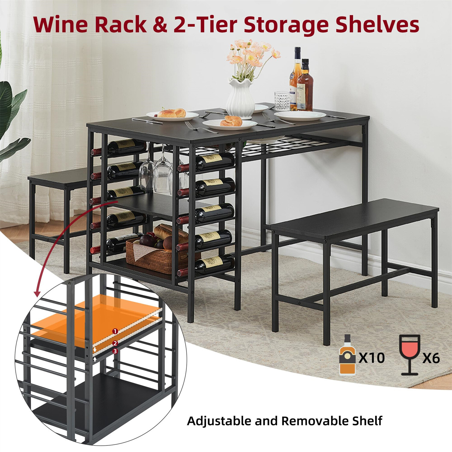 Dining Table Set for 4 3 Pieces Kitchen Table Set with 2 Benches Wine Rack