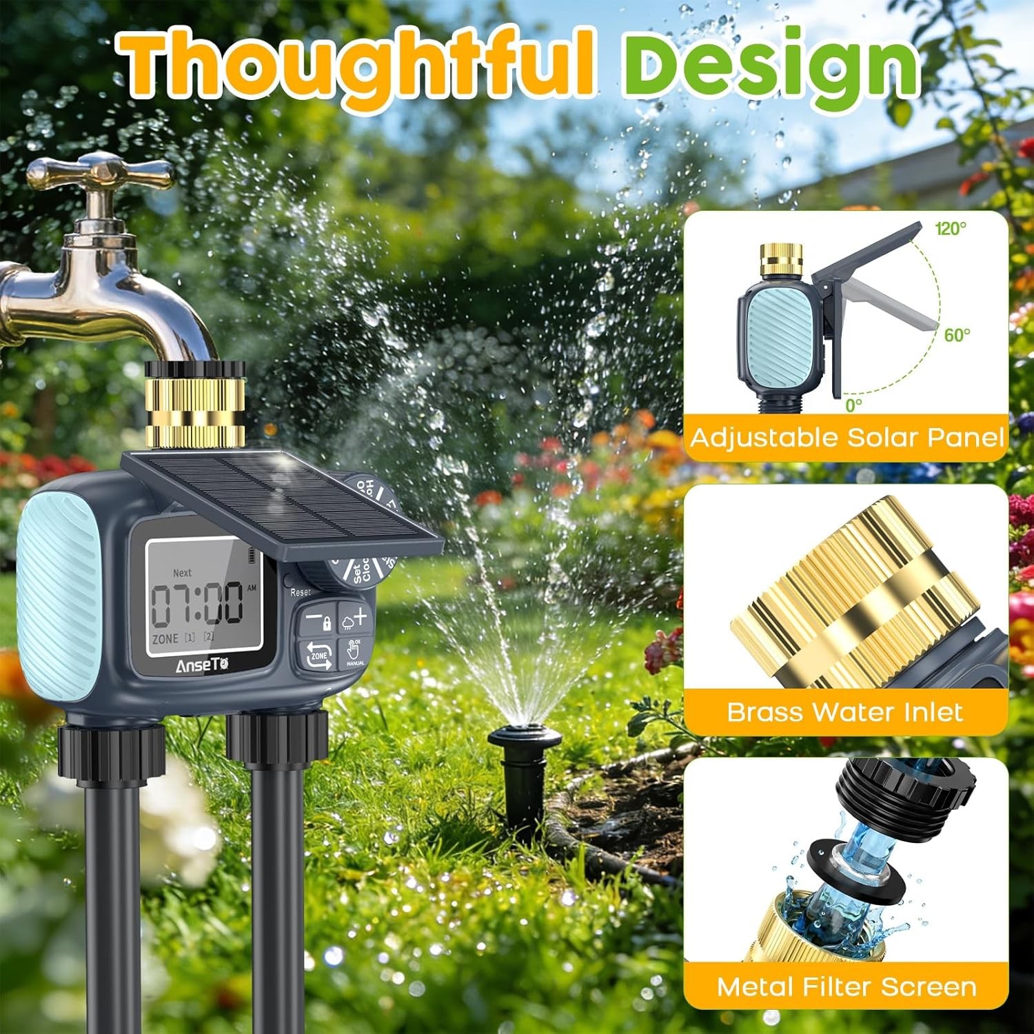 2 Outlet Solar Sprinkler Timer,Brass Inlet Hose Timer Garden Hose,Programmable