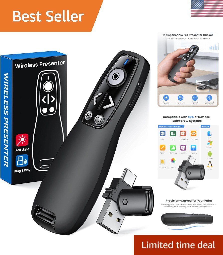 Plug & Play 2.4GHz Presentation Clicker with Volume Control & Red Light Pointer