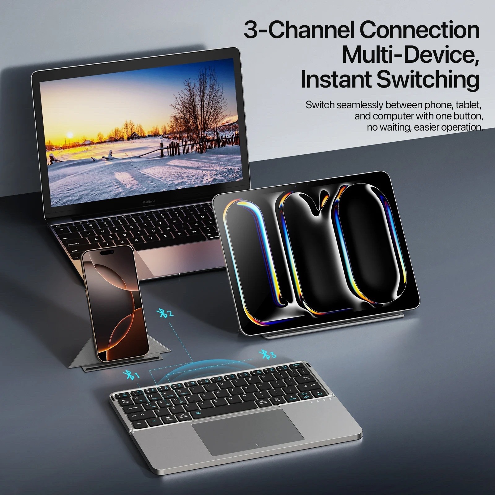 Foldable Bluetooth Keyboard with Touchpad & Phone Holder for Tablet & PC