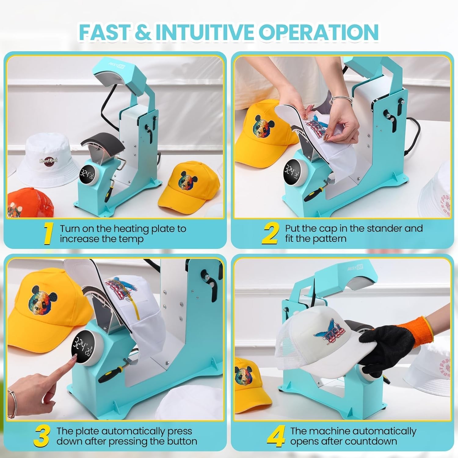 Famous Cap Heat Press Machine, Hat Heat Press with 3pcs Replaceable Heating USA