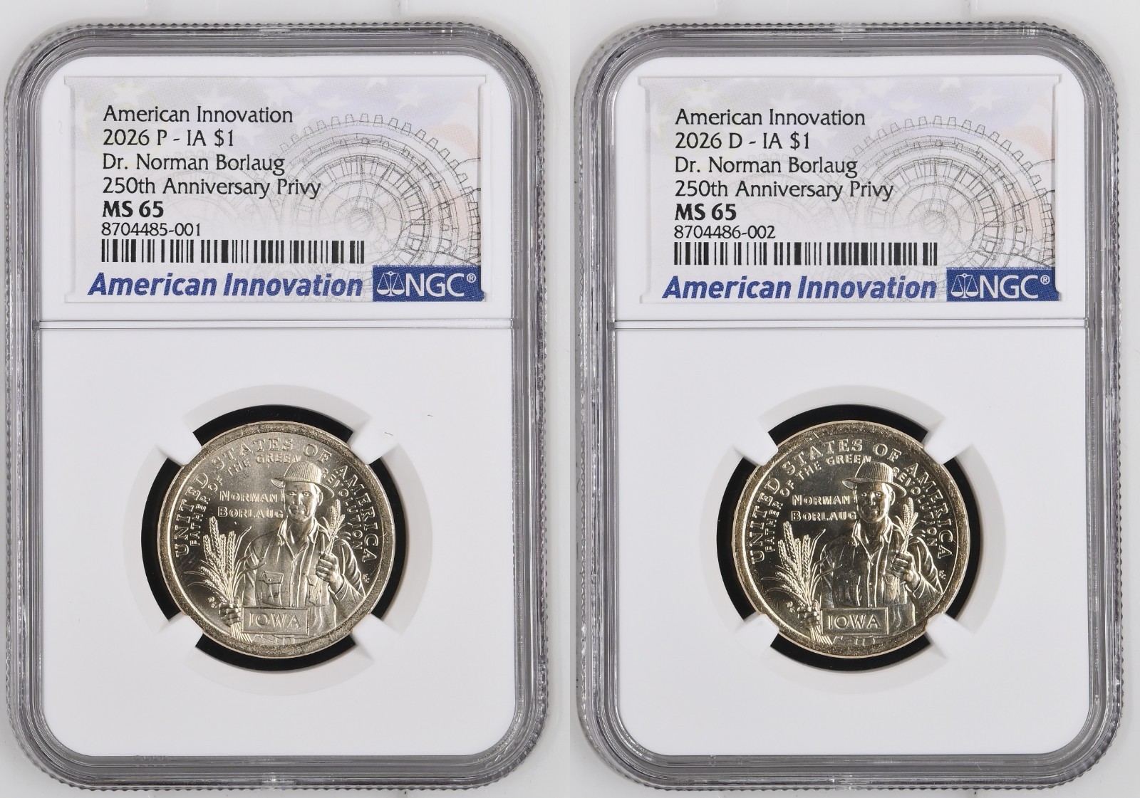 2026 P/D Norman Borlaug Iowa Innovation Dollar Set Graded NGC MS-65 w/ 250 Privy