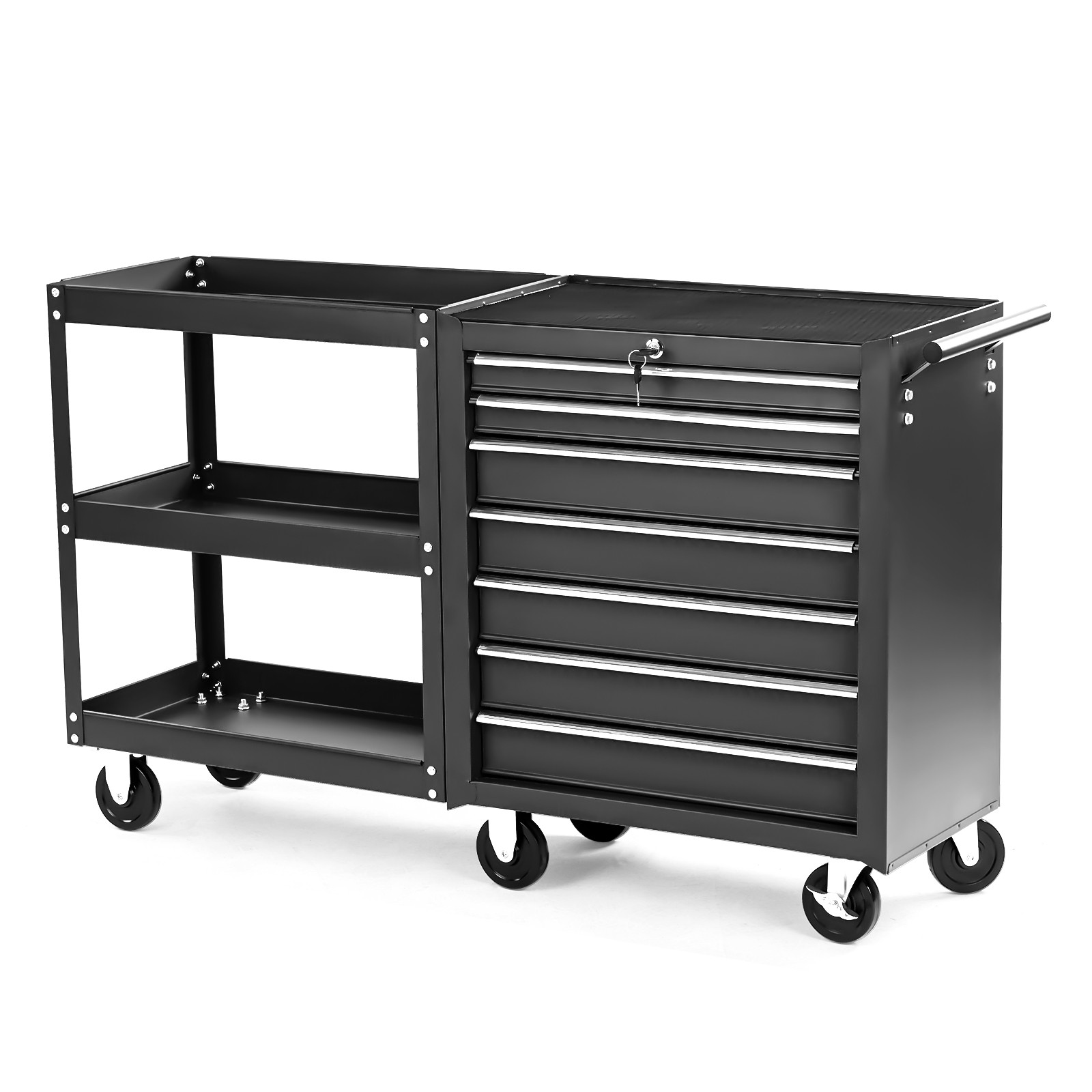 7-Drawer Rolling Tool Chest Tool Box with Lock & Key & Side Shelves & Wheels New