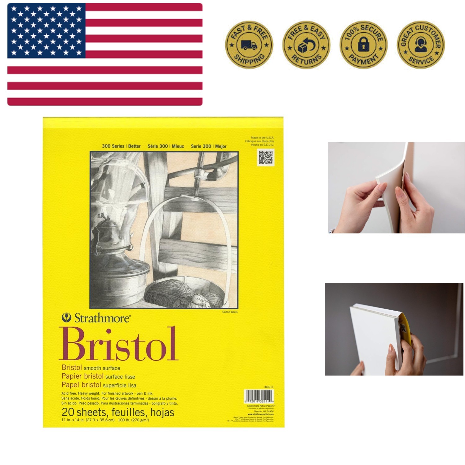 300 Series Bristol Paper Pad, Smooth, Tape Bound, 11x14 inches, 20 Sheets 100...