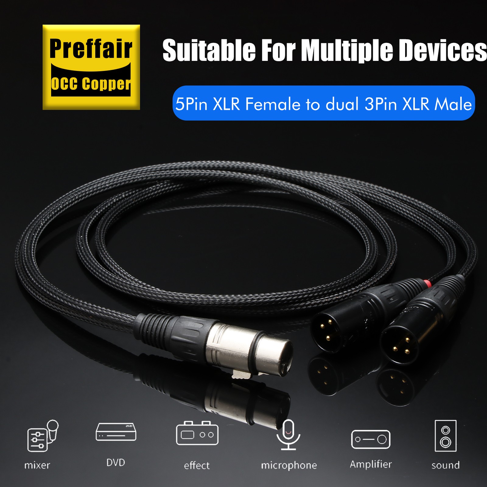 XLR 5-Pin Female to 2x 3-Pin Male Stereo or Dual-Elements Microphone Cable