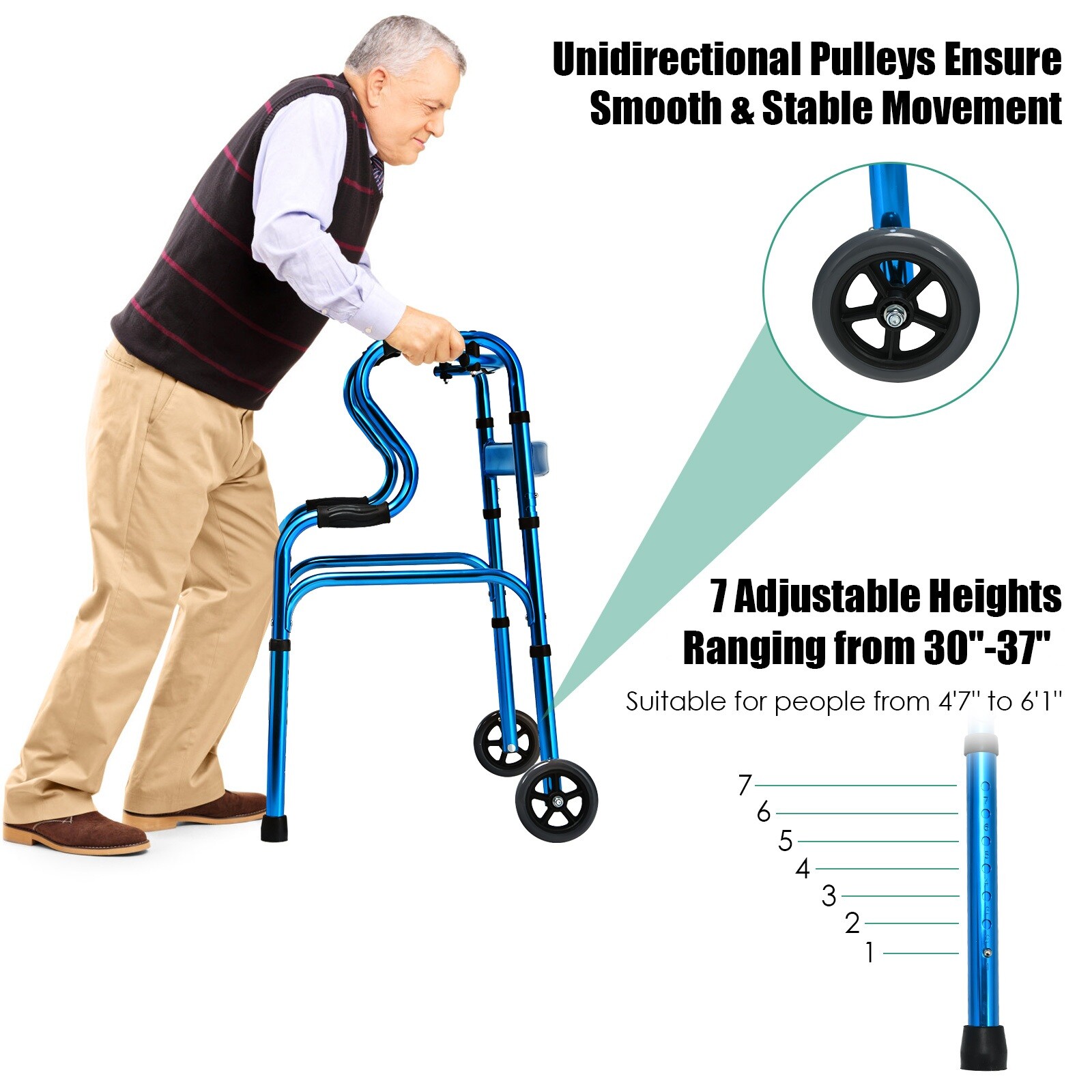 Goplus Heavy-Duty Folding 3 in 1 Stand-Assist Walker Aluminum Alloy W/Wheel Blue