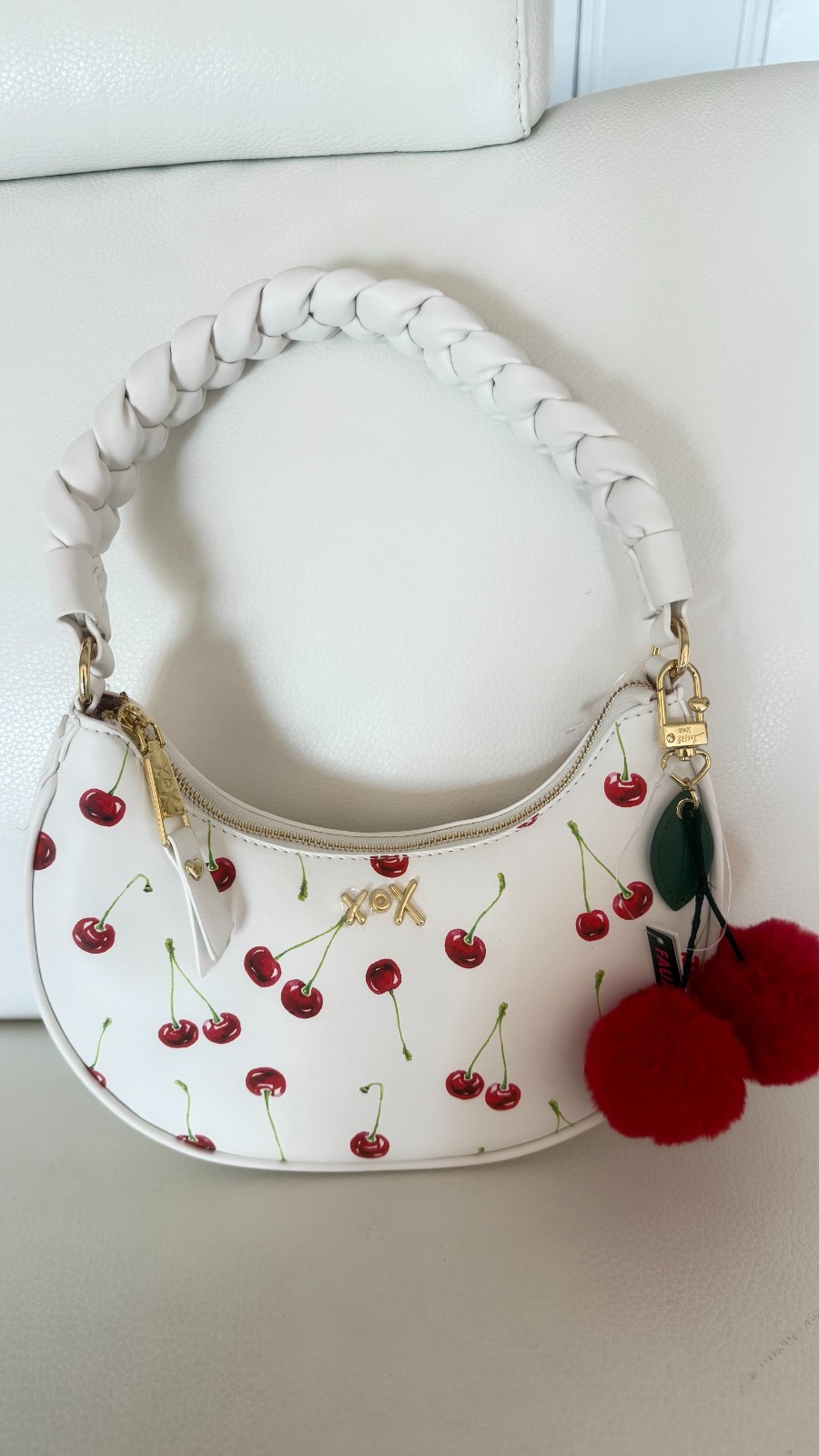 NWT BETSEY JOHNSON XONORTHY WOVEN SHOULDER BAG PURSE WHITE CHERRY CHARM