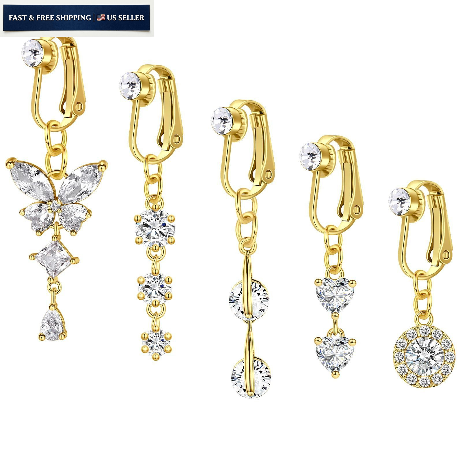 Incaton Fake Belly Button Ring Clip-On for Women - CZ Dangle Heart 5, Gold