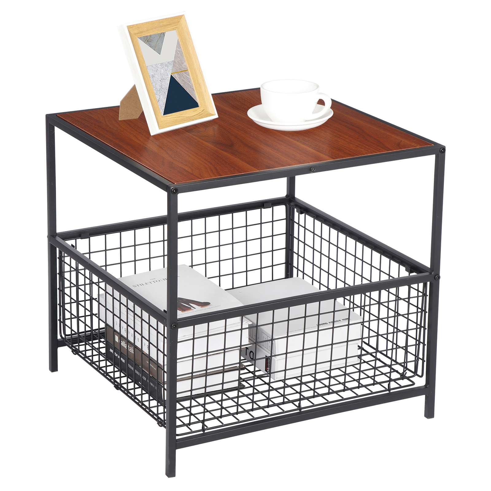 Square Sofa Side Storage Cabinet Compact Coffee Table Basket Metal Frame, Black