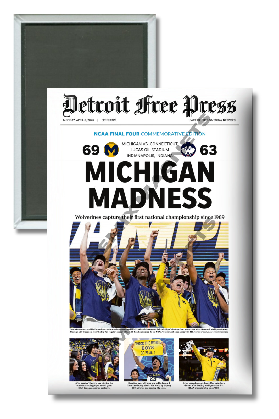Michigan Wolverines 2026 Men's Basketball Champs Detroit Free Press 2 x 3 Magnet