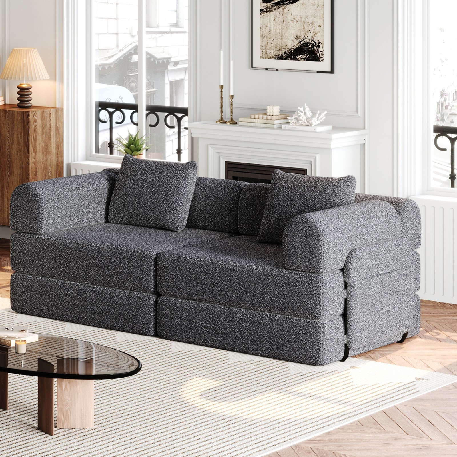 72in foldable Chenier sofa, equipped two side storage bags and two cushions Grey