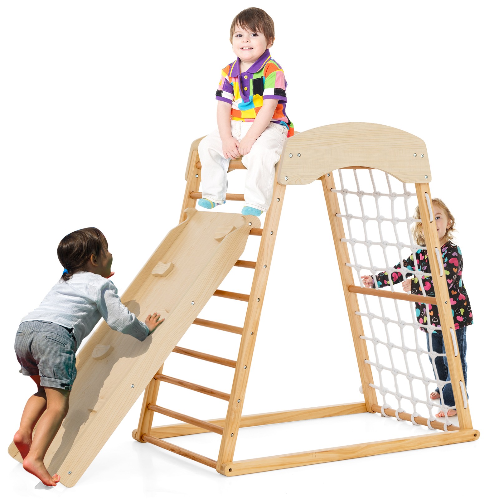 6-in-1 Wood Jungle Gym Montessori Climbing Play Set w/Double-sided Ramp Natural