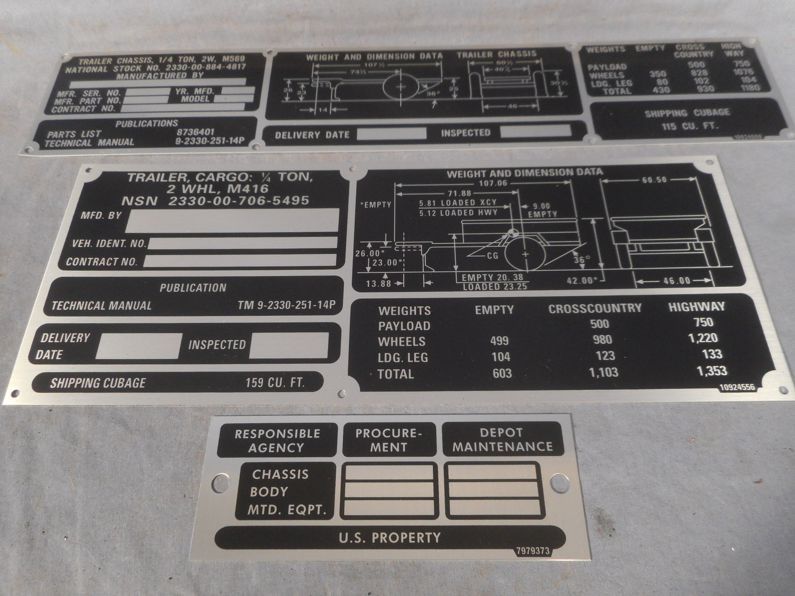 M416/M569 1/4 Ton (jeep) Trailer Weight Data Plate Set M151 A1 A2 M38 M715 M37