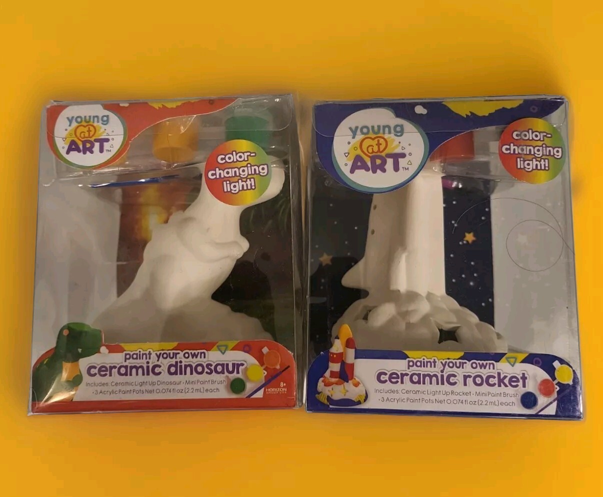 Lot of 2 Young At Art Kids Paint-Your-Own Ceramic Rocket with Changing Light A77