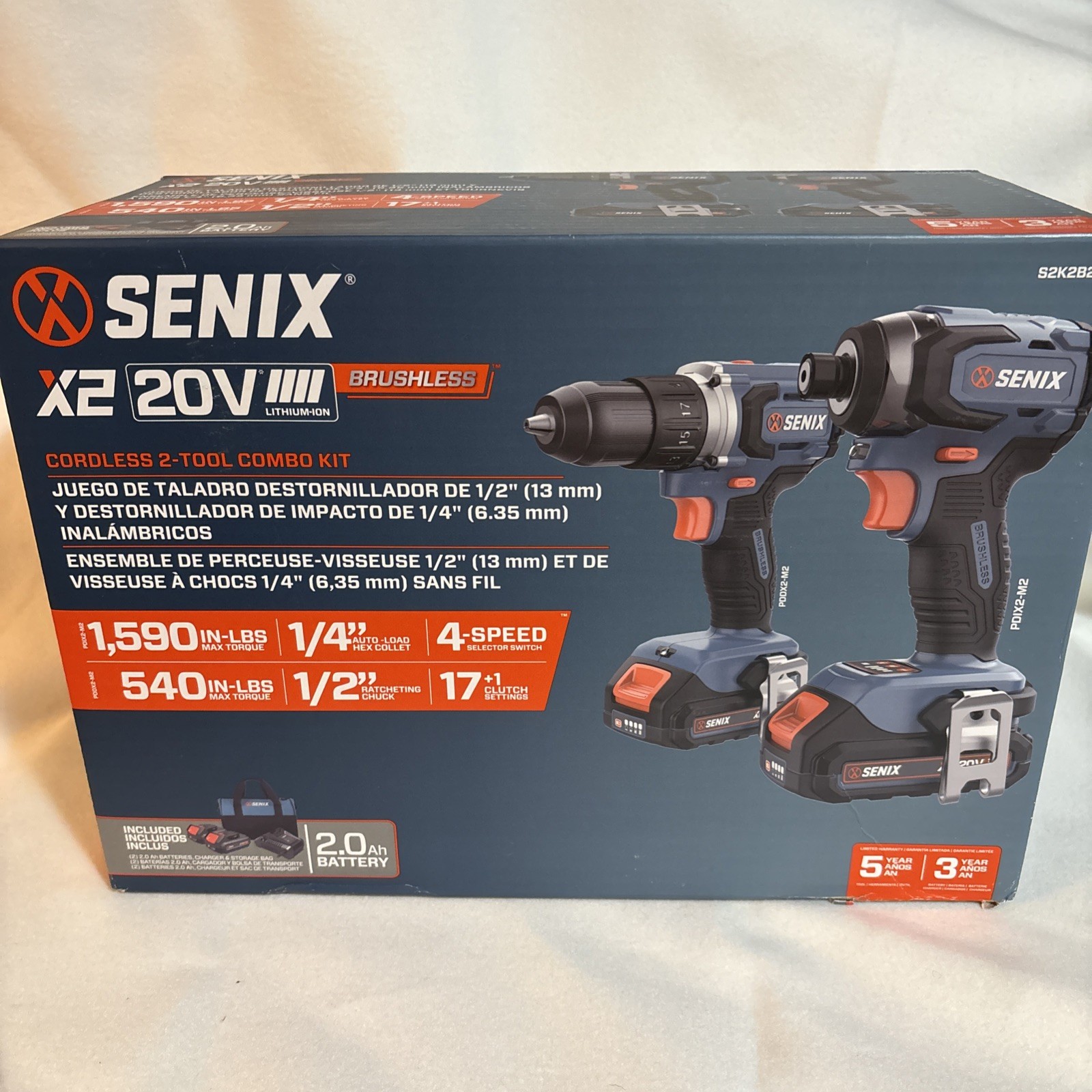 Senix 20V Brushless 1/2 " Drill/Driver &1/4"Impact Driver Combo Kit, 2 Batteries